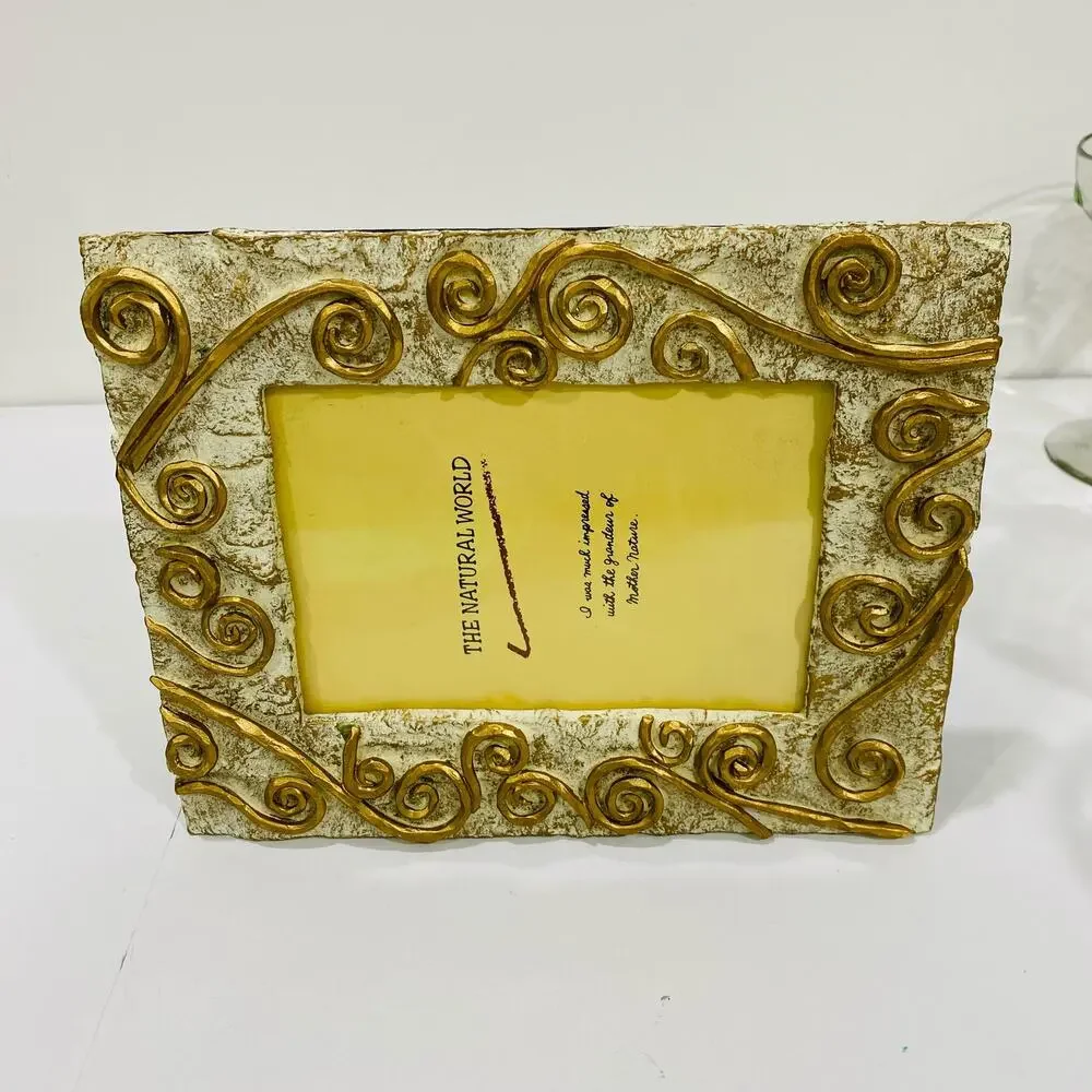 The Natural World Photo Picture Frame Whimsical White & Goldtone Mod Stone Look